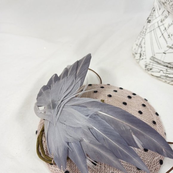 Small Round Fascinator Hat with Polka Dots Gray Feather \